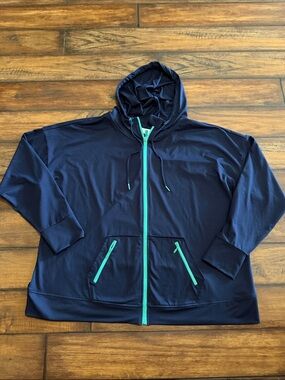 Belle by Kim Gravel Like New Navy Hoodie Jacket with Teal/Green Trim